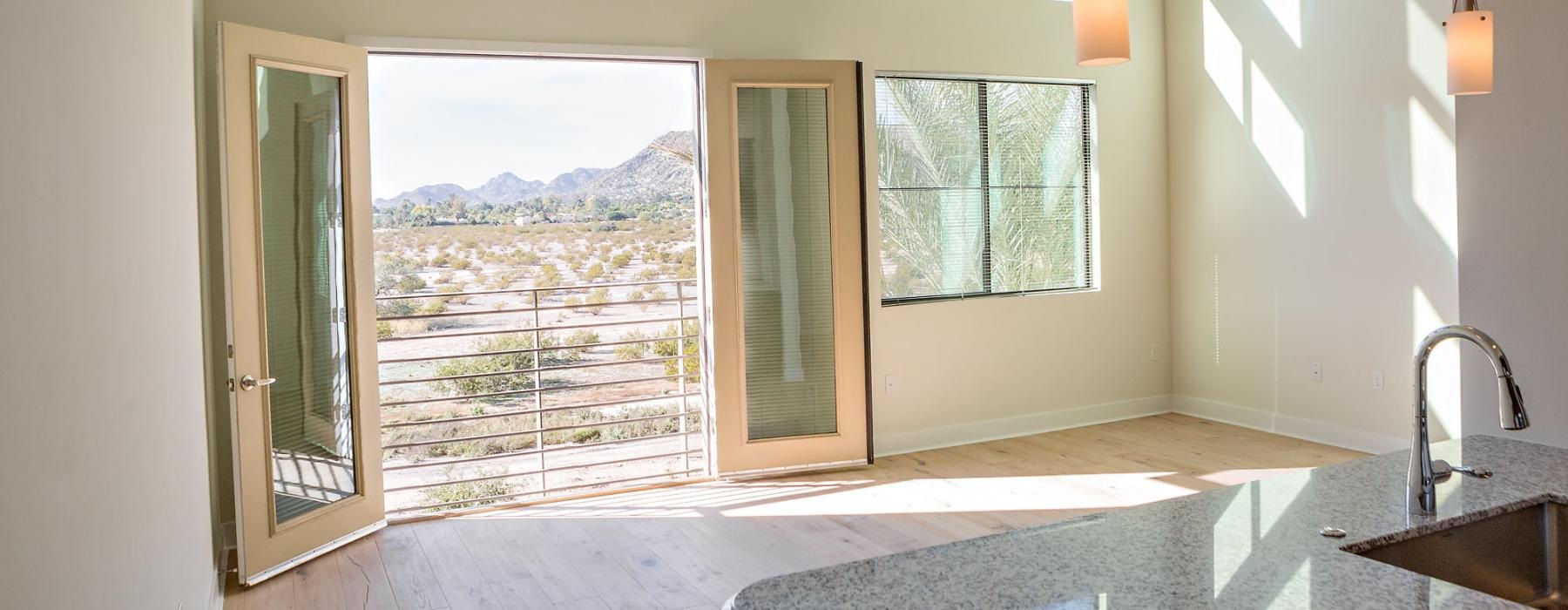 a bathroom with a large window